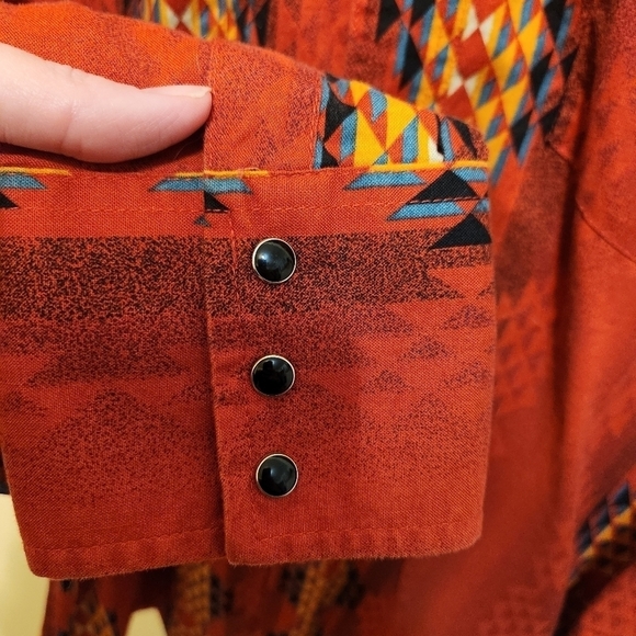 Vintage WRANGLER Red Geometric Aztex Western Shirt Pearl Snap Long Sleeve  XLT - Picture 6 of 10